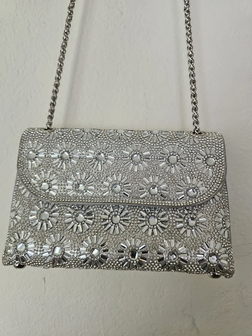 Rhinestone Embellished Silver Evening Clutch with Chain